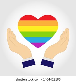 Two hands support heart silhouette in LGBT colors, flat design
