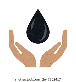 Two hands supporting a black water droplet symbolizing conservation and care for resources