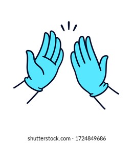 Two hands in surgical latex gloves clapping in high five gesture. Medical success. Simple cartoon style vector illustration.