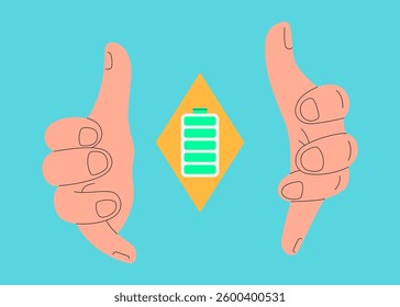 Two hands surrounding a battery symbolize energy conservation and protection
