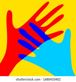 Two hands, symbol of help, support, friendship or love. Charity illustration, symbol of volunteer, hope, vector palms