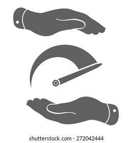 two hands with Tachometer icon. Vector illustration