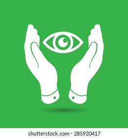 two hands take care of the eye icon - protecting vector illustration
