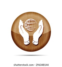 two hands take care of globe planet wooden icon on a white background