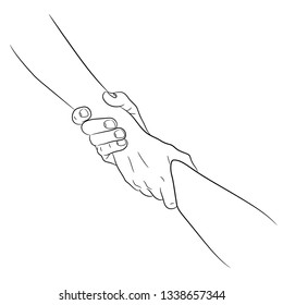 Two hands taking each other helping hand concept pull drag from the contour black brush lines on white background. Vector illustration.