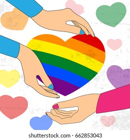 Two Hands taking heart. LGBT support symbol with lettering in rainbow colors. Icons, logo template. Modern flat vector illustration stylish design element.