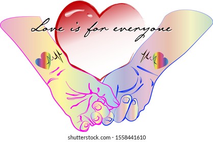 two hands with tattoos holding together with heart on the background 