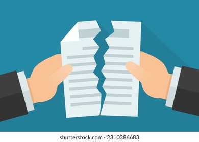 Two hands tearing a document representing a breach of contract (flat design)