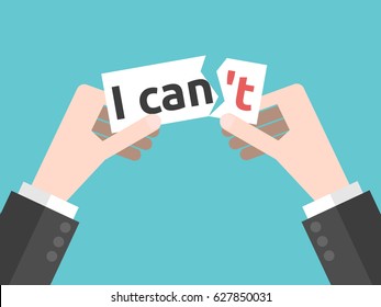 Two Hands Tearing Paper Note With I Can't Text. Confidence, Courage, Risk And Motivation Concept. Flat Design. EPS 8 Compatible Vector Illustration, No Transparency, No Gradients