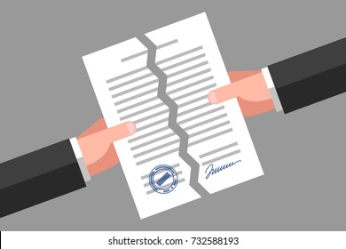 Two hands are tearing up a signed paper. Cancellation of contract, document or agreement. Business concept