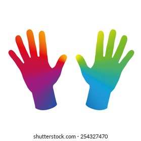 Two hands that are colored with a rainbow gradient. Isolated vector illustration on white background.