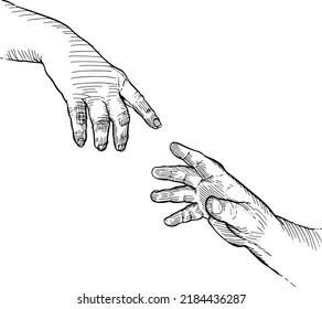 Two Hands That Come Together To Touch Each Other With The Index Finger. Black And White Illustration On White Background