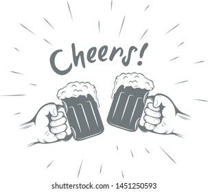 Two hands with thumbs up symbol icon of cold beer glasses. Retro
