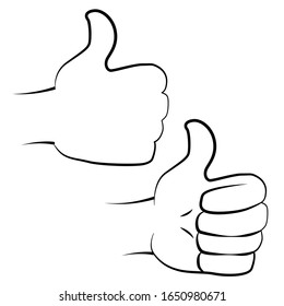 Two Hands thumbs up. Isolated vector icons. Line illustration on white background. Front view and Rear view.