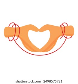 Two hands are tied with red thread and making heart shape