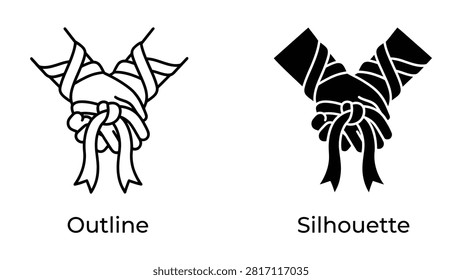 Two hands tied together with rope in outline and silhouette icon style for design projects