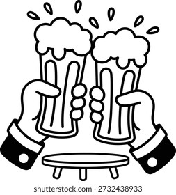 Dos manos que tuestan los vidrios de la cerveza con las burbujas de la espuma Fiesta de celebración Alegría Vector Ilustración del arte del esquema fondo blanco