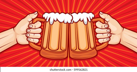 two hands toasting glasses of beer vector illustration (party celebration design)