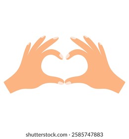 two hands together forming heart shape from fingers, showing love, like, romantic symbol, gesture, flat vector illustration isolated on white background