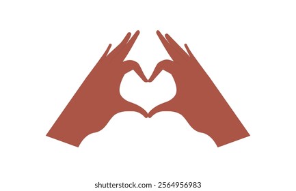 Two hands together, forming making heart shape from fingers. Showing love, like, romantic symbol, gesture. Affection, care, support concept. Flat vector illustration isolated on white background.