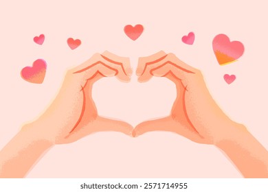 Two hands together, forming making heart shape from fingers. Showing love, like, romantic symbol, gesture. Affection, care, support concept. Flat vector illustration