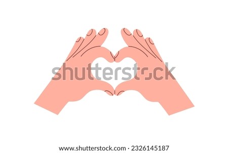 Two hands together, forming making heart shape from fingers. Showing love, like, romantic symbol, gesture. Affection, care, support concept. Flat vector illustration isolated on white background
