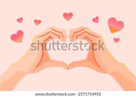 Two hands together, forming making heart shape from fingers. Showing love, like, romantic symbol, gesture. Affection, care, support concept. Flat vector illustration