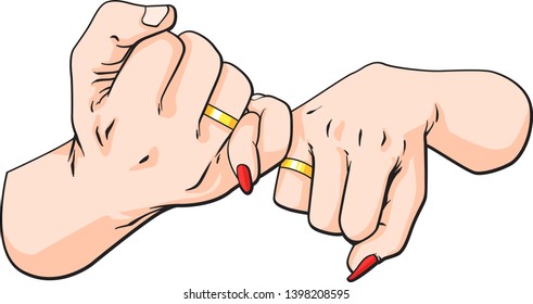 Two hands together, hand drawn sketch illustration of woman and man hands, vector illustration isolated on white background