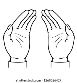 Two hands together with open palms. Vector flat outline icon illustration isolated on white background.