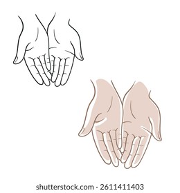 Two hands together with palms up, top view black and white outline and color. Gestures, hands clasped together. Religion, faith. Sketch. Close up top view