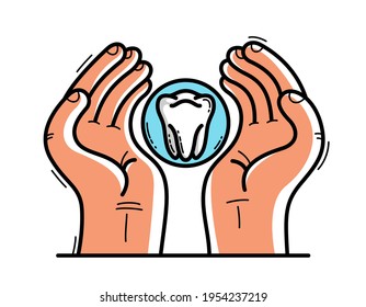 Two hands with tooth protecting and showing care vector flat style illustration isolated on white, cherish and defense for teeth health concept.