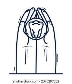 Two hands with tooth protecting and showing care vector flat style illustration isolated on white, cherish and defense for teeth health concept.