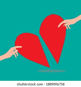 
dos manos con un corazón roto, un símbolo de una relación nueva o antigua