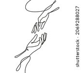 Two hand's touch in one line art style isolated on a white background. Rescue, assistance, care icon. Continuous line icon. Outline minimalist design. 
