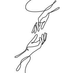 Two Hand's Touch In One Line Art Style Isolated On A White Background. Rescue, Assistance, Care Icon. Continuous Line Icon. Outline Minimalist Design. 