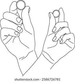 Two hands touch in one line art style with wedding rings .Pomovka, wedding. Hand drawn without artificial intelligence