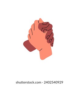 Two hands touch together. Friends handshake, bros greeting. Trust, support gesture. Interracial friendship, partnership, teamwork concept. Flat isolated vector illustration on white background