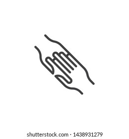 Two hands touching each other line icon. linear style sign for mobile concept and web design. Helping hand outline vector icon. Friendship symbol, logo illustration. Vector graphics