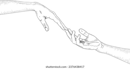 Two hands touching each other sketch, two hand sketch, signs and signals sketch drawing, Sketch style drawing from lines, hand line art