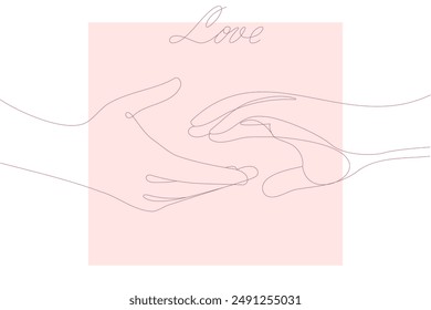 Two hands touching each other, hand drawn with one line. The word love hand written with one line. Vector illustration isolated on white background.