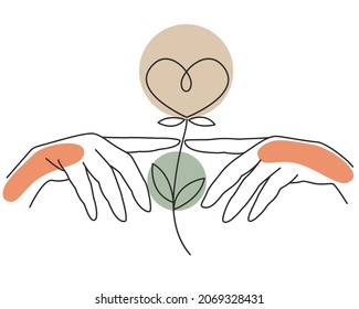 Two hands touching fingers and a flower in the form of a heart line art. Contour drawing of human hands, concept. Reach for the heart, love. Vector illustration.