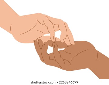 Two hands touching flat vector illustration. Couple or friends holding hands isolated on white background. Gentle touch for expressing feelings or support. Love, friendship, equality concept