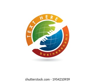 two hands touching helping each other inside globe emblem logo