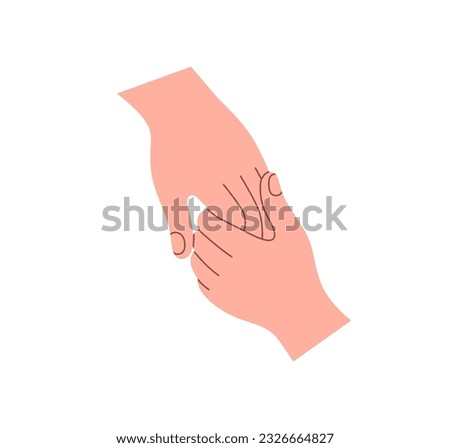 Two hands touching, holding, giving. Love, trust, support, care, voluntary help and empathy concept. Supportive relationship between people. Flat vector illustration isolated on white background