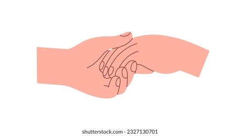Two hands touching, holding, taking with care, support, love and trust. Tender romantic relationship in couple, affection, friendship concept. Flat vector illustration isolated on white background