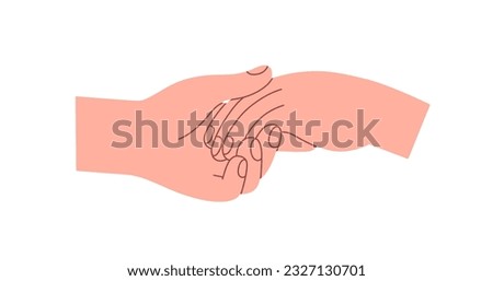 Two hands touching, holding, taking with care, support, love and trust. Tender romantic relationship in couple, affection, friendship concept. Flat vector illustration isolated on white background