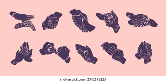 Two hands touching, holding together set. Greeting hi and hello gestures, fist bump, punch, handshake, palm clap, high five, welcoming, supporting, taking, giving. Isolated flat vector illustrations