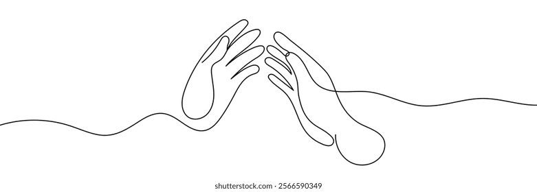 Two hands touching in one line art style isolated on white background. Editable line.