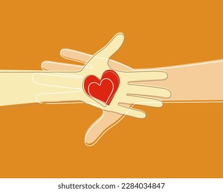 Zwei Hände berührende Handflächen, Herz in der Mitte. Die Hand einer Frau und eines Mannes. Liebe. Gegenseitigkeit. Silhouette und Linie. 