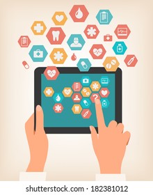 Two hands touching screen of a tablet with medical icons. Vector.